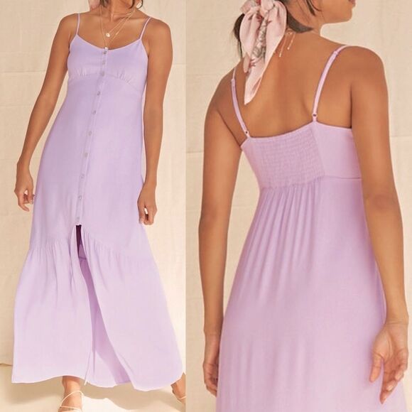 Forever 21 Button front High-Slit Maxi Dress 100% rayon ruffle smocked boho S - Picture 1 of 13